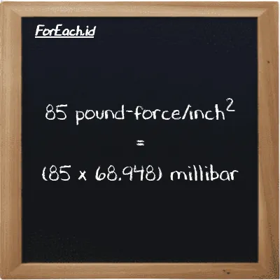 How to convert pound-force/inch<sup>2</sup> to millibar: 85 pound-force/inch<sup>2</sup> (lbf/in<sup>2</sup>) is equivalent to 85 times 68.948 millibar (mbar)